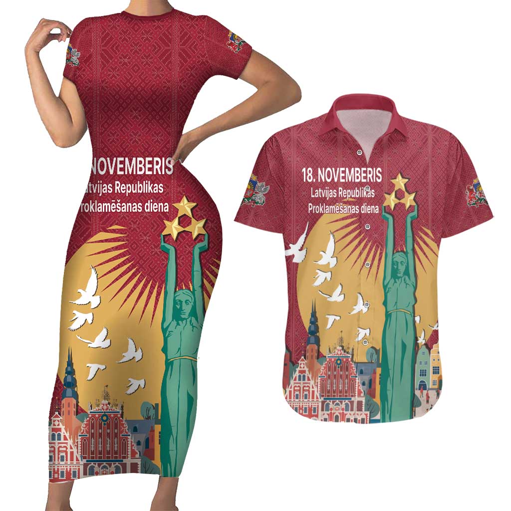 Latvia Independence Day Couples Matching Short Sleeve Bodycon Dress and Hawaiian Shirt Latvija with Freedom Monument
