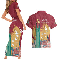 Latvia Independence Day Couples Matching Short Sleeve Bodycon Dress and Hawaiian Shirt Latvija with Freedom Monument