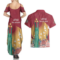 Latvia Independence Day Couples Matching Summer Maxi Dress and Hawaiian Shirt Latvija with Freedom Monument
