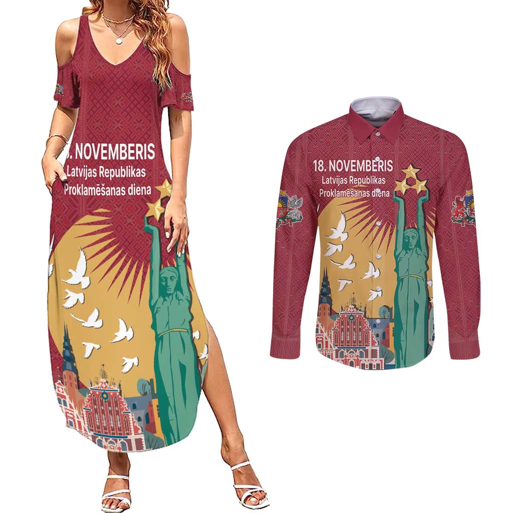 Latvia Independence Day Couples Matching Summer Maxi Dress and Long Sleeve Button Shirt Latvija with Freedom Monument