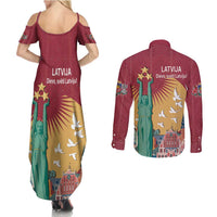 Latvia Independence Day Couples Matching Summer Maxi Dress and Long Sleeve Button Shirt Latvija with Freedom Monument