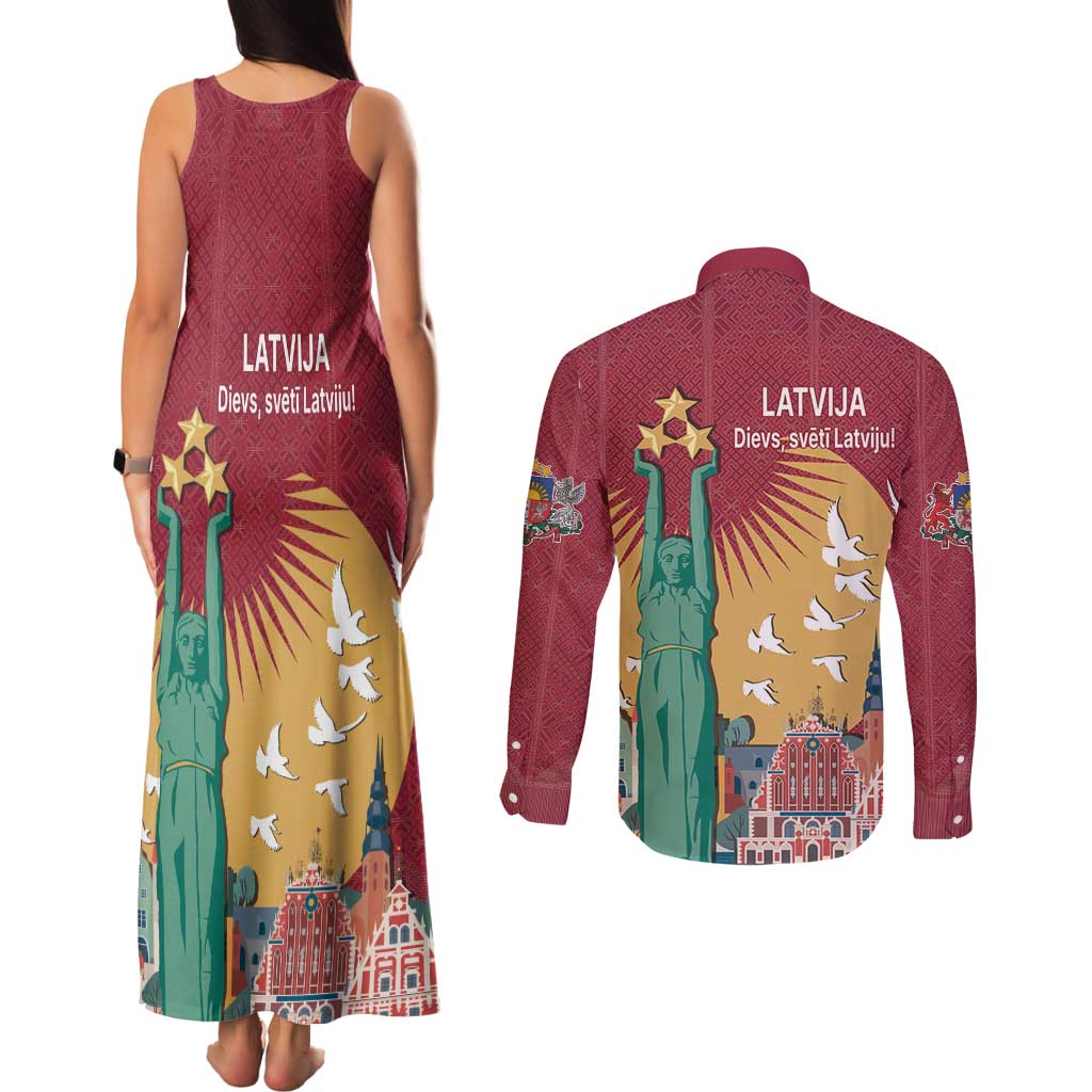 Latvia Independence Day Couples Matching Tank Maxi Dress and Long Sleeve Button Shirt Latvija with Freedom Monument