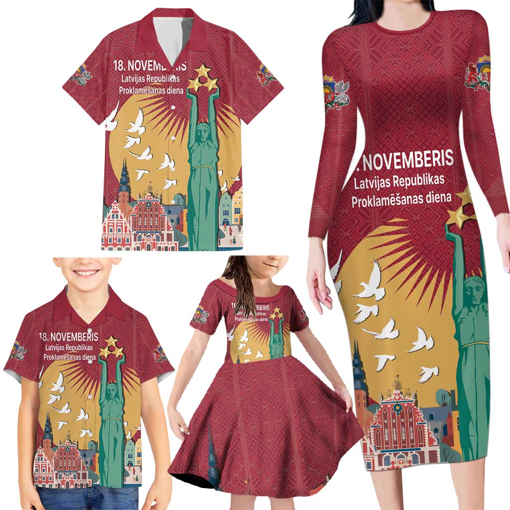 Latvia Independence Day Family Matching Long Sleeve Bodycon Dress and Hawaiian Shirt Latvija with Freedom Monument