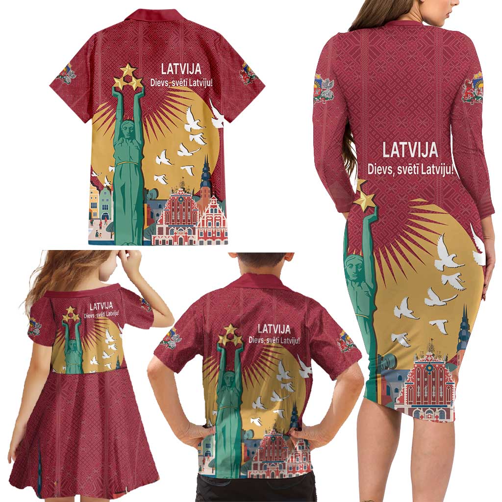 Latvia Independence Day Family Matching Long Sleeve Bodycon Dress and Hawaiian Shirt Latvija with Freedom Monument