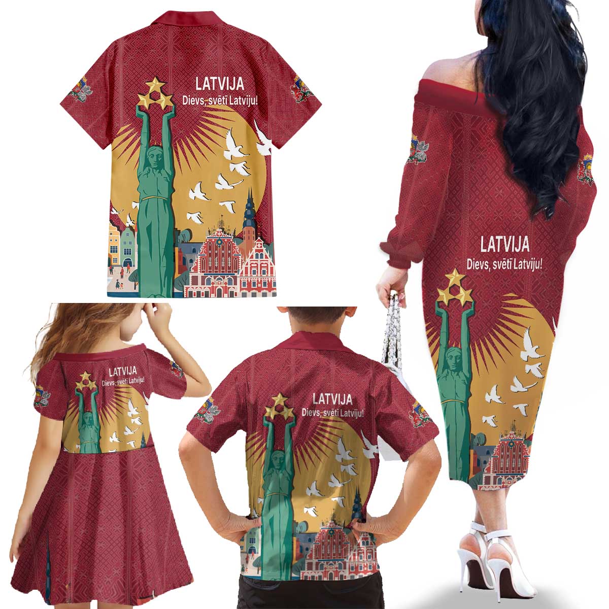 Latvia Independence Day Family Matching Off The Shoulder Long Sleeve Dress and Hawaiian Shirt Latvija with Freedom Monument