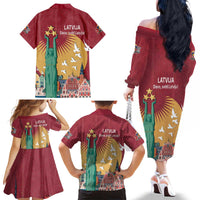 Latvia Independence Day Family Matching Off The Shoulder Long Sleeve Dress and Hawaiian Shirt Latvija with Freedom Monument