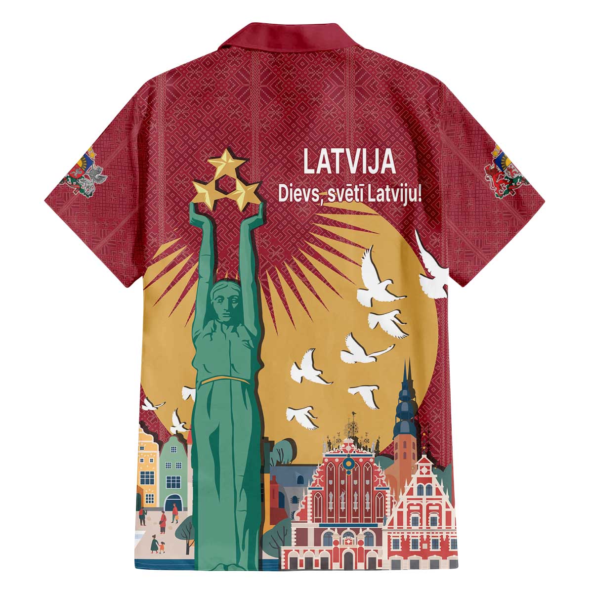 Latvia Independence Day Family Matching Off The Shoulder Long Sleeve Dress and Hawaiian Shirt Latvija with Freedom Monument