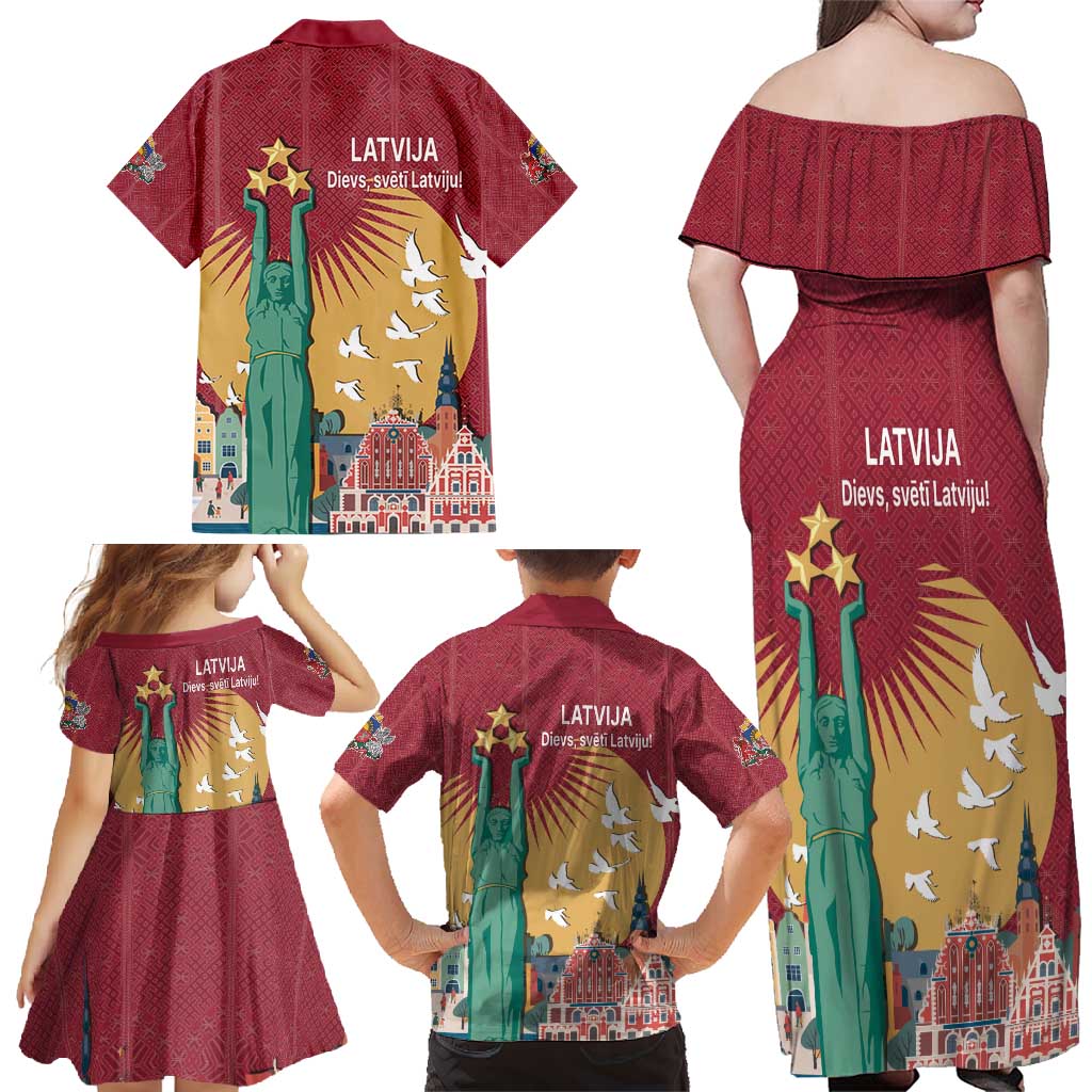 Latvia Independence Day Family Matching Off Shoulder Maxi Dress and Hawaiian Shirt Latvija with Freedom Monument