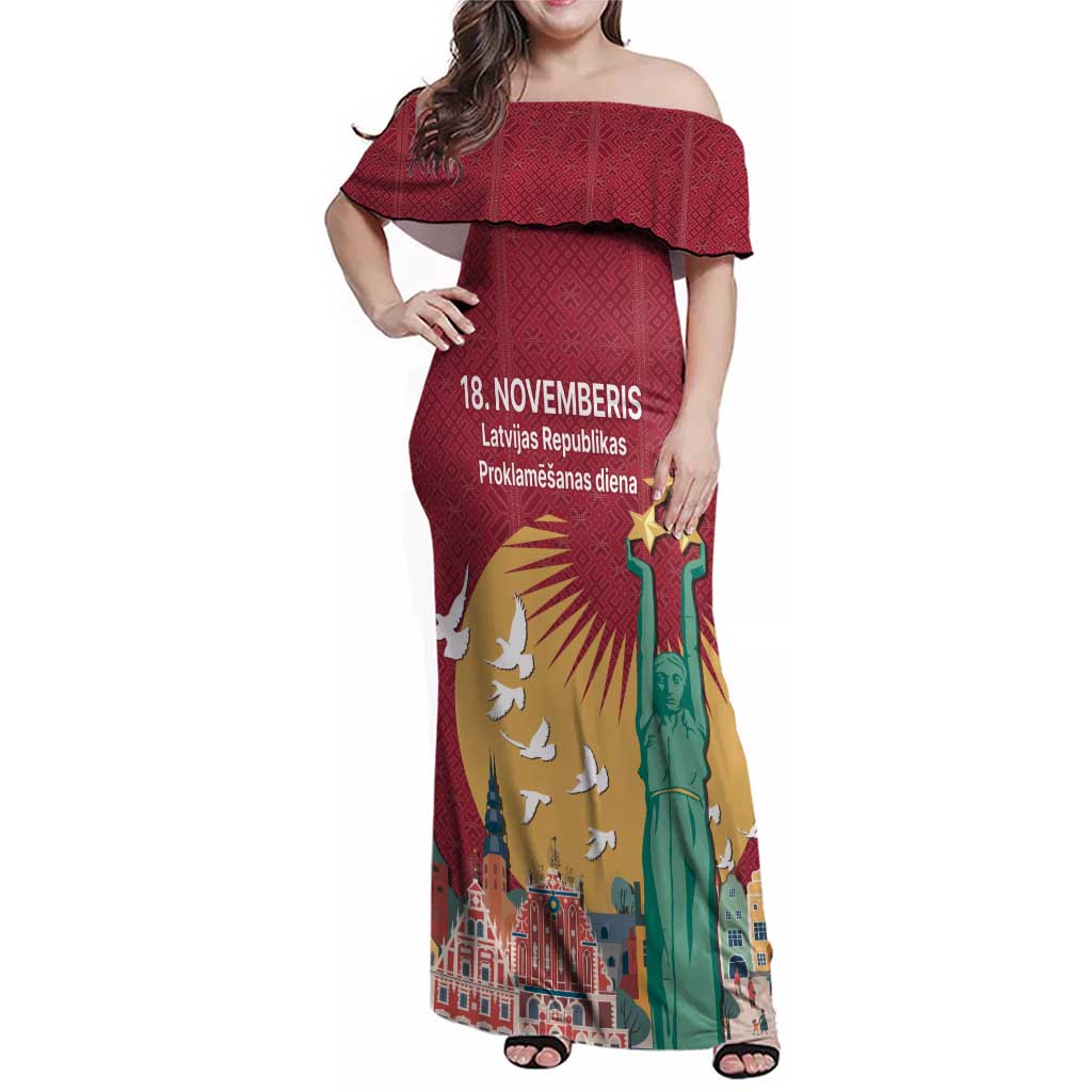 Latvia Independence Day Family Matching Off Shoulder Maxi Dress and Hawaiian Shirt Latvija with Freedom Monument