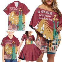 Latvia Independence Day Family Matching Off Shoulder Short Dress and Hawaiian Shirt Latvija with Freedom Monument