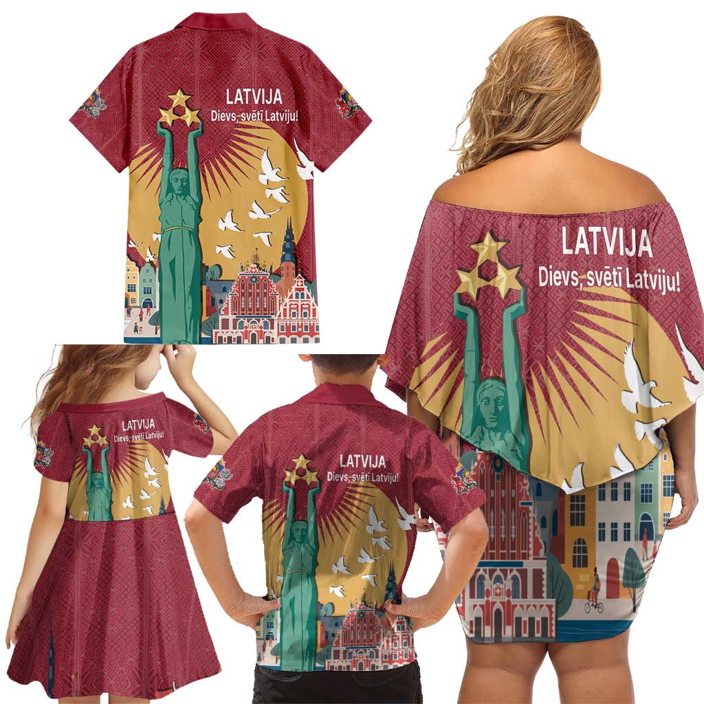Latvia Independence Day Family Matching Off Shoulder Short Dress and Hawaiian Shirt Latvija with Freedom Monument