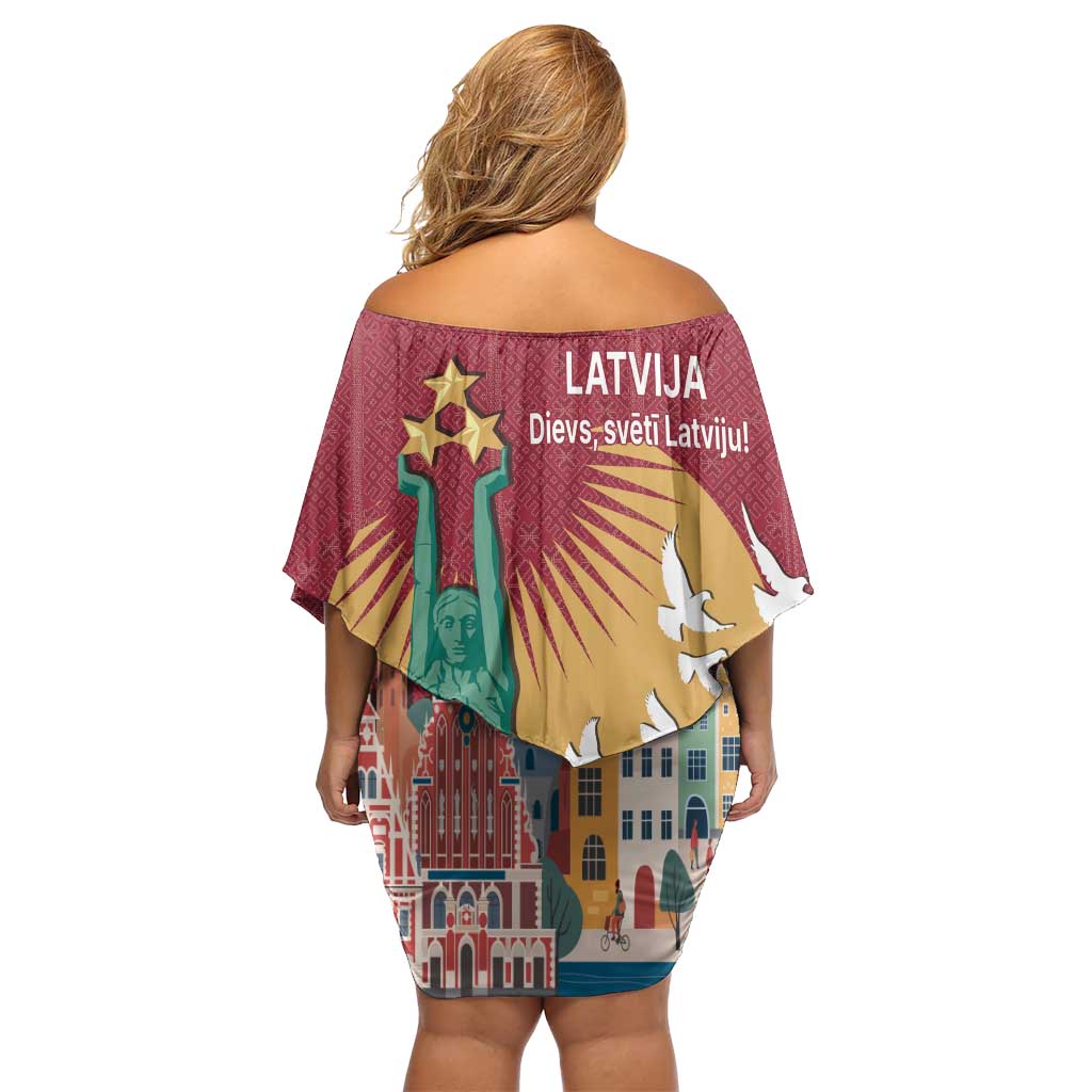 Latvia Independence Day Family Matching Off Shoulder Short Dress and Hawaiian Shirt Latvija with Freedom Monument