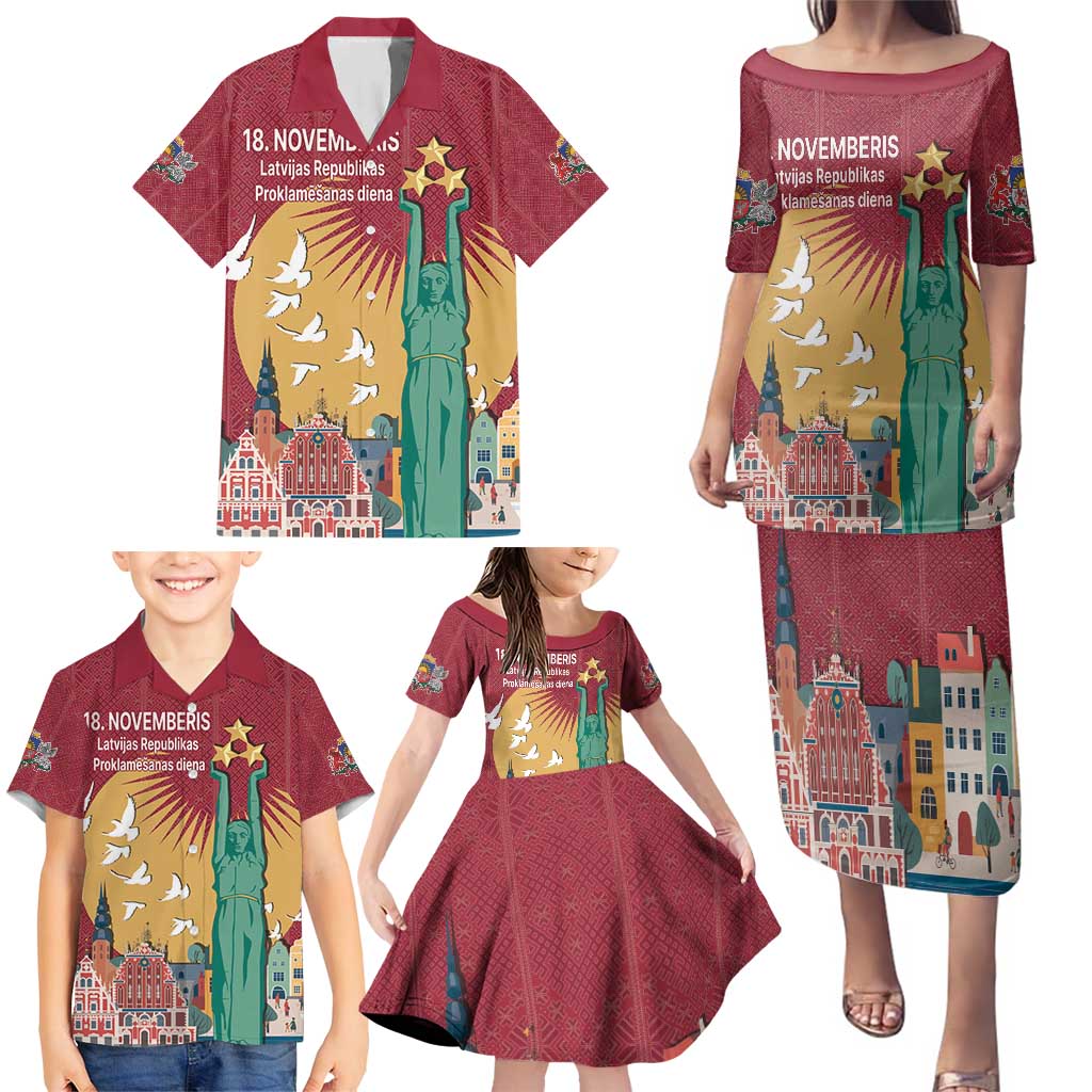 Latvia Independence Day Family Matching Puletasi and Hawaiian Shirt Latvija with Freedom Monument