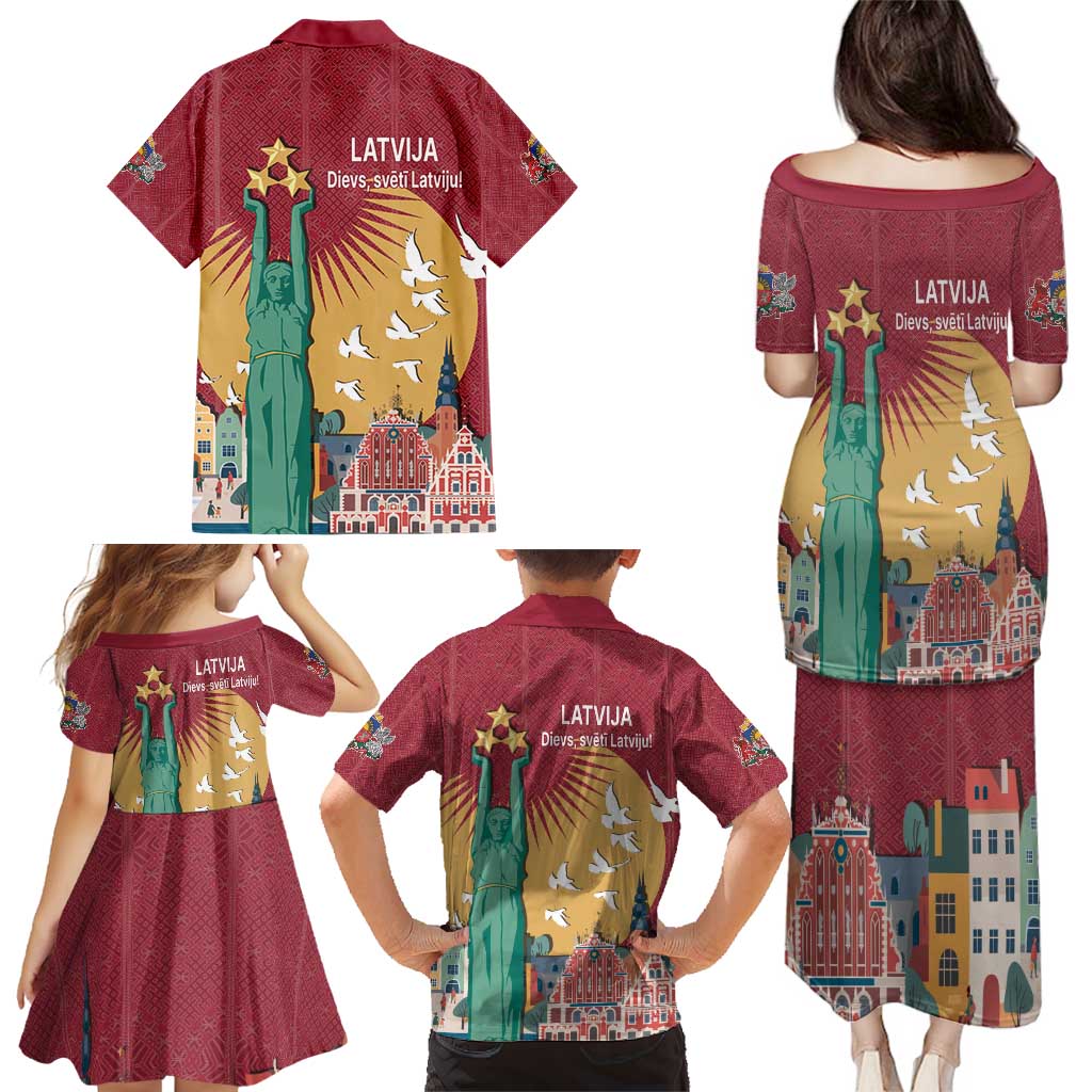 Latvia Independence Day Family Matching Puletasi and Hawaiian Shirt Latvija with Freedom Monument