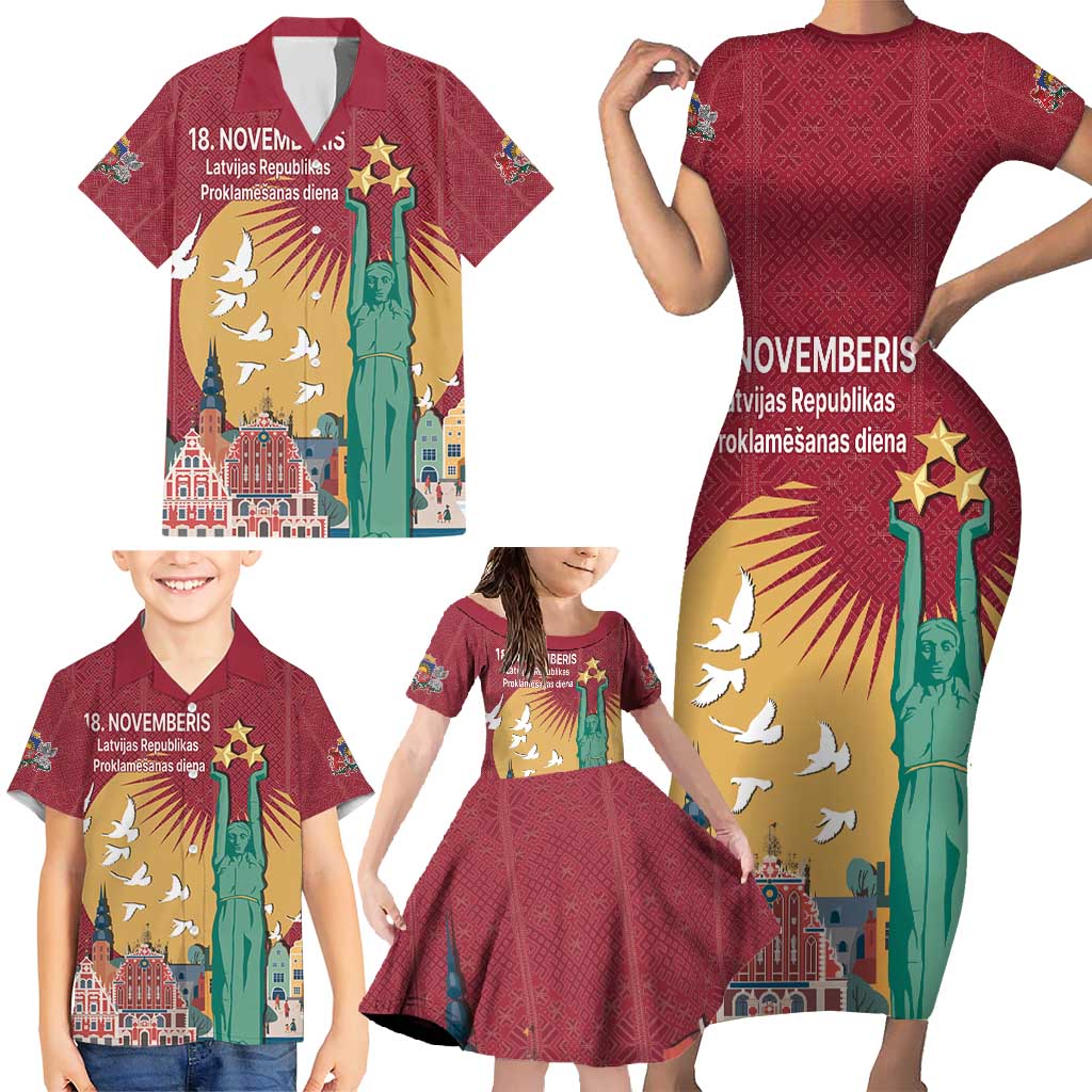 Latvia Independence Day Family Matching Short Sleeve Bodycon Dress and Hawaiian Shirt Latvija with Freedom Monument