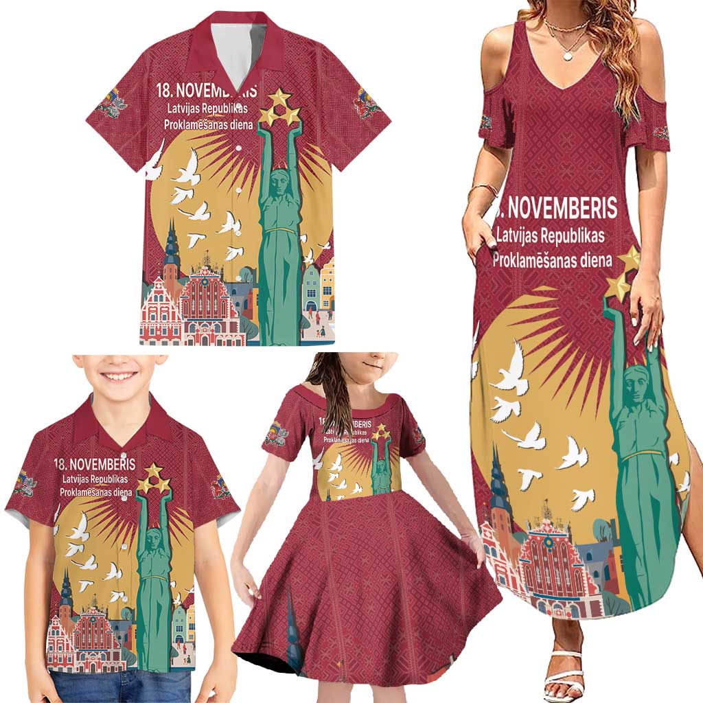 Latvia Independence Day Family Matching Summer Maxi Dress and Hawaiian Shirt Latvija with Freedom Monument