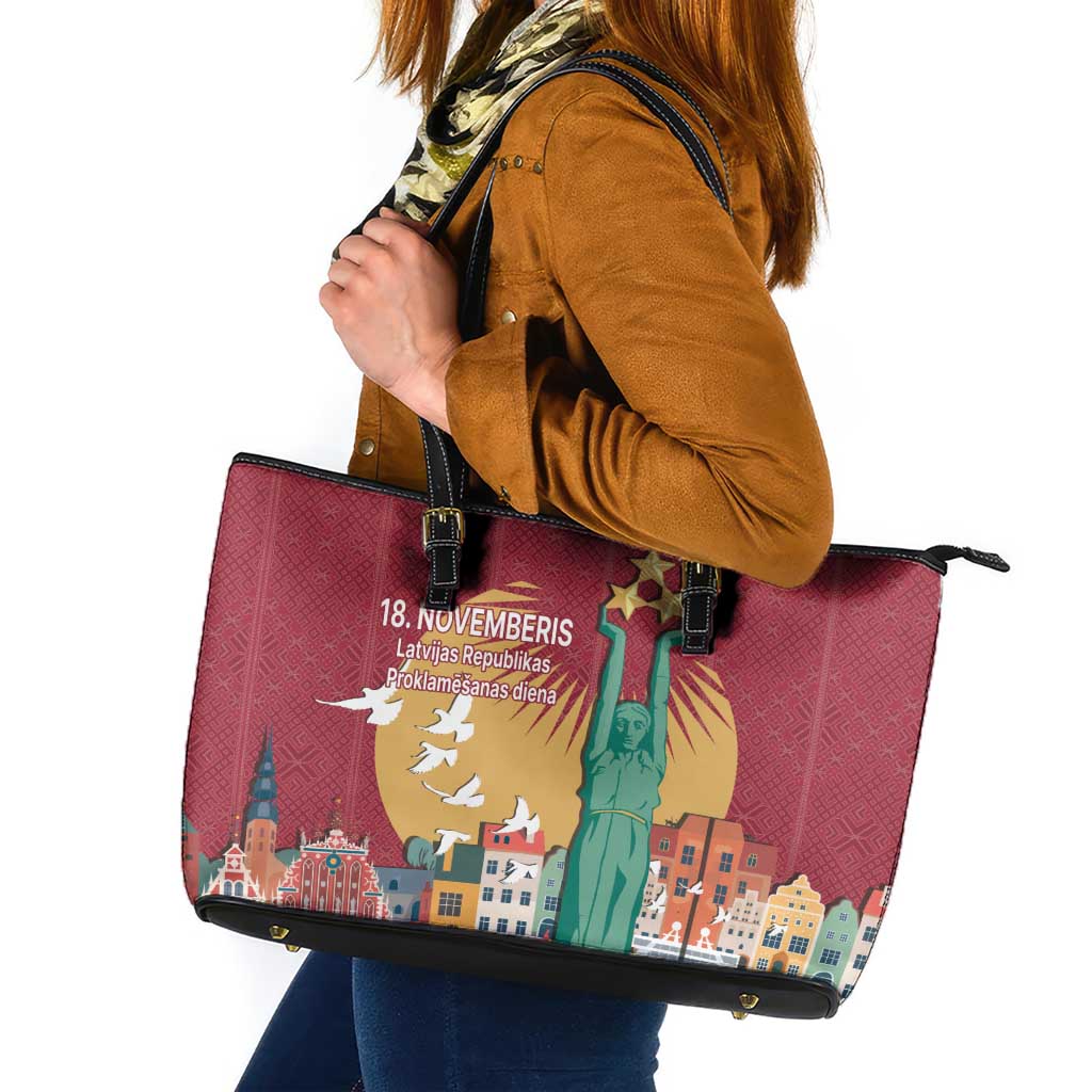 Latvia Independence Day Leather Tote Bag Latvija with Freedom Monument