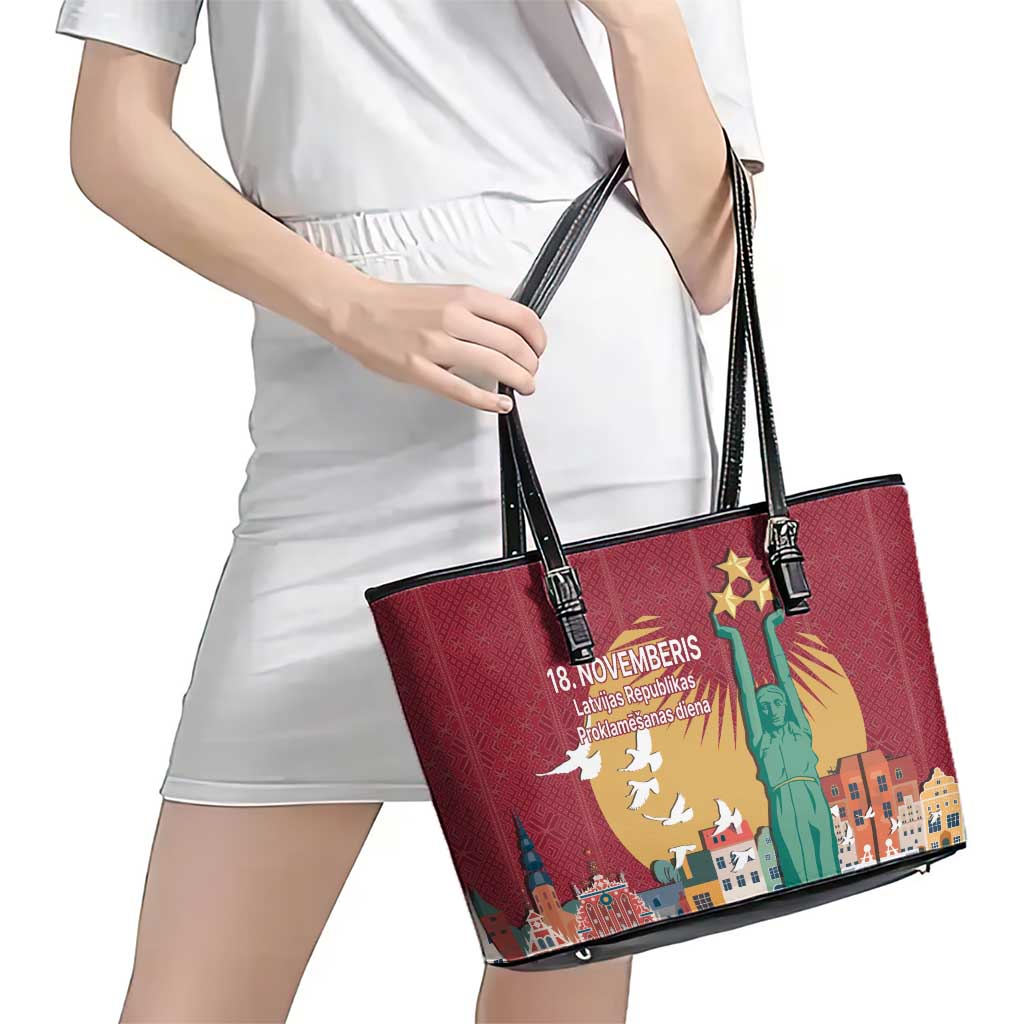 Latvia Independence Day Leather Tote Bag Latvija with Freedom Monument