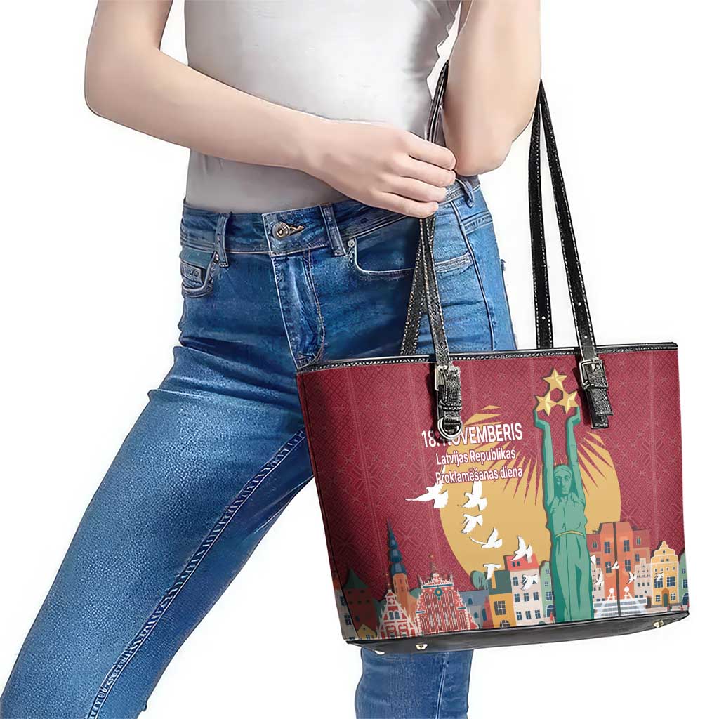 Latvia Independence Day Leather Tote Bag Latvija with Freedom Monument