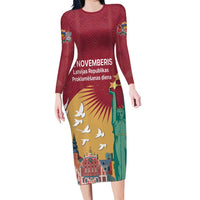 Latvia Independence Day Long Sleeve Bodycon Dress Latvija with Freedom Monument