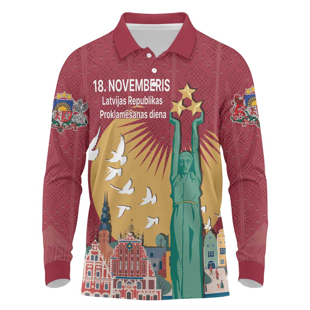 Latvia Independence Day Long Sleeve Polo Shirt Latvija with Freedom Monument