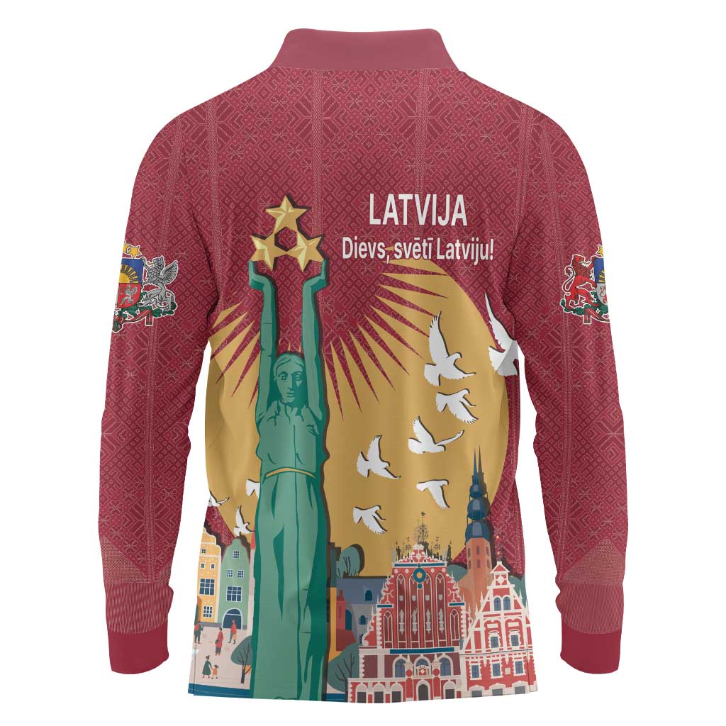Latvia Independence Day Long Sleeve Polo Shirt Latvija with Freedom Monument