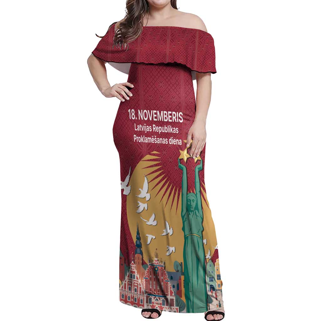 Latvia Independence Day Off Shoulder Maxi Dress Latvija with Freedom Monument