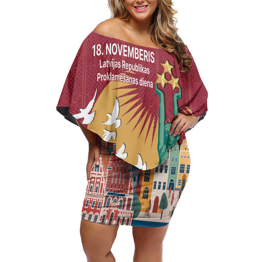 Latvia Independence Day Off Shoulder Short Dress Latvija with Freedom Monument