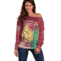 Latvia Independence Day Off Shoulder Sweater Latvija with Freedom Monument