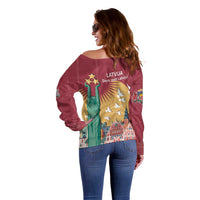 Latvia Independence Day Off Shoulder Sweater Latvija with Freedom Monument