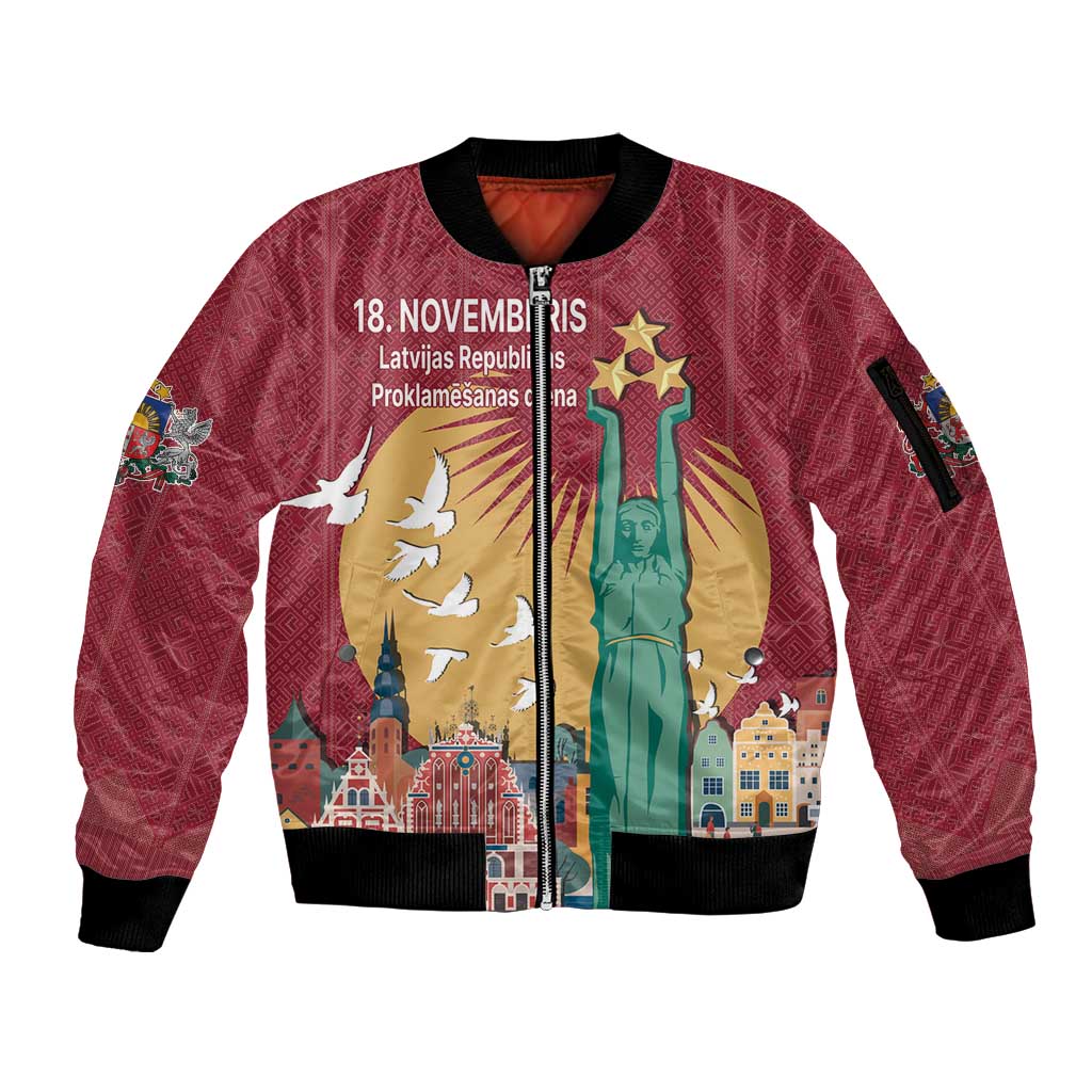 Latvia Independence Day Sleeve Zip Bomber Jacket Latvija with Freedom Monument
