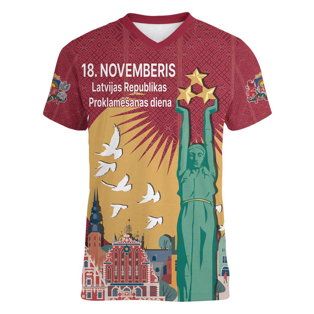 Latvia Independence Day Women V-Neck T-Shirt Latvija with Freedom Monument