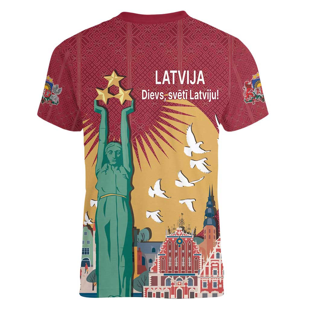 Latvia Independence Day Women V-Neck T-Shirt Latvija with Freedom Monument