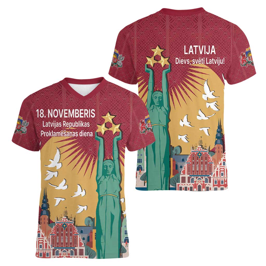 Latvia Independence Day Women V-Neck T-Shirt Latvija with Freedom Monument