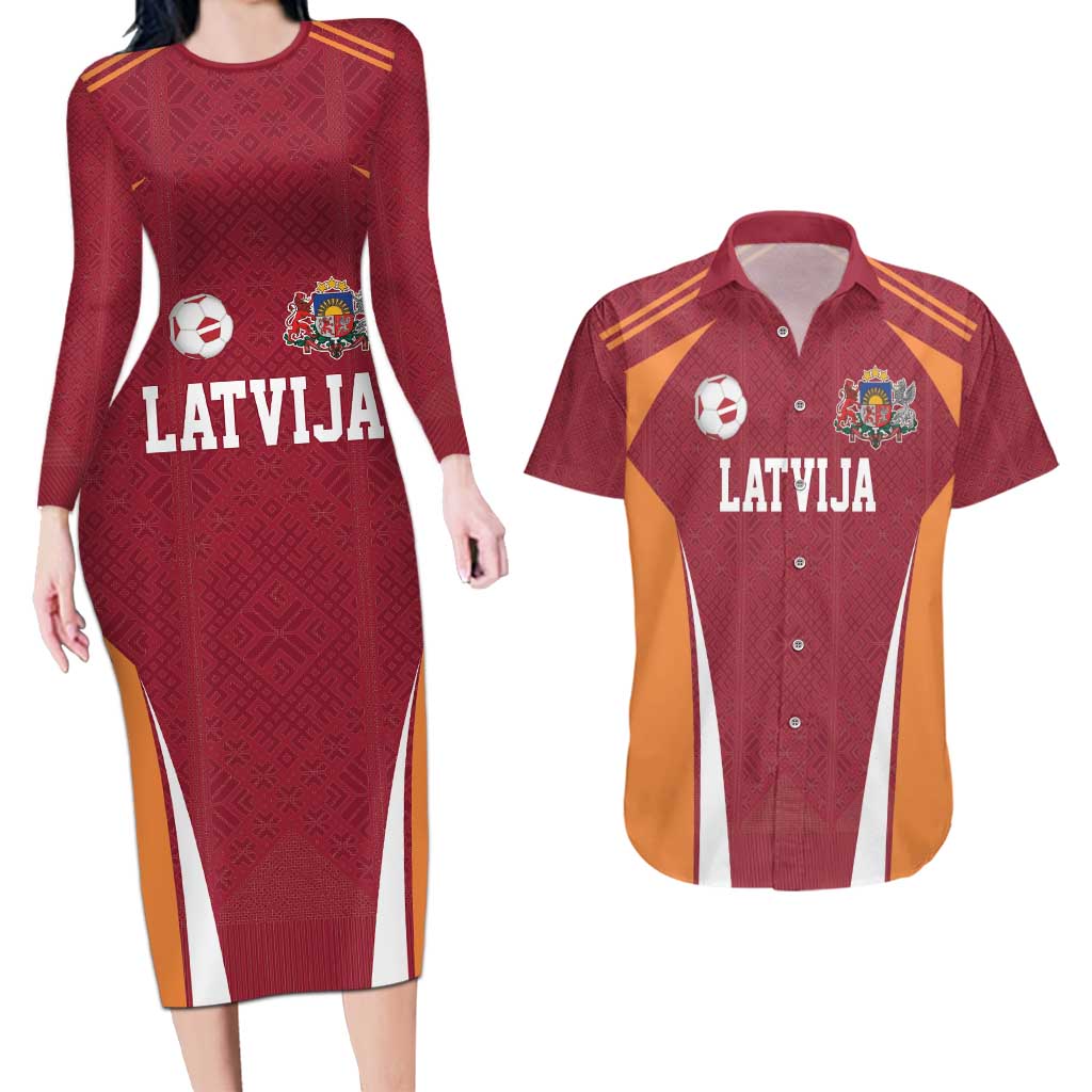 Latvia Football Custom Couples Matching Long Sleeve Bodycon Dress and Hawaiian Shirt Red Latvian Pattern