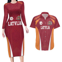 Latvia Football Custom Couples Matching Long Sleeve Bodycon Dress and Hawaiian Shirt Red Latvian Pattern