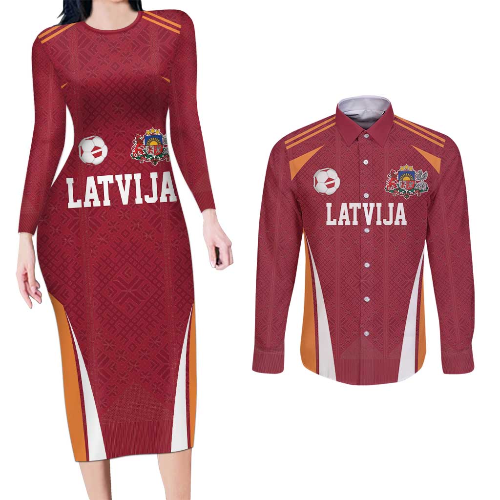 Latvia Football Custom Couples Matching Long Sleeve Bodycon Dress and Long Sleeve Button Shirt Red Latvian Pattern