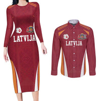 Latvia Football Custom Couples Matching Long Sleeve Bodycon Dress and Long Sleeve Button Shirt Red Latvian Pattern