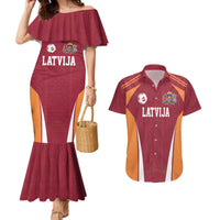 Latvia Football Custom Couples Matching Mermaid Dress and Hawaiian Shirt Red Latvian Pattern
