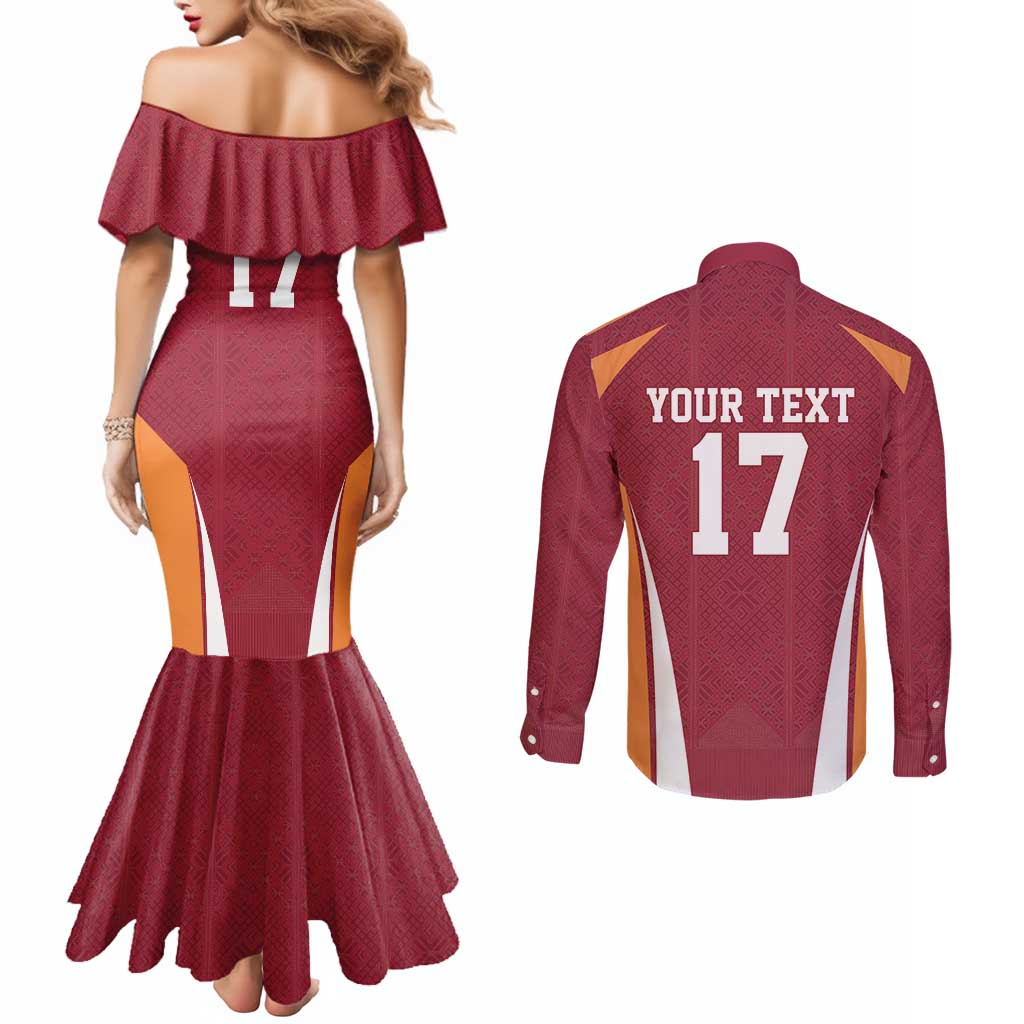 Latvia Football Custom Couples Matching Mermaid Dress and Long Sleeve Button Shirt Red Latvian Pattern