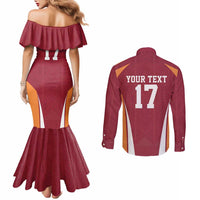 Latvia Football Custom Couples Matching Mermaid Dress and Long Sleeve Button Shirt Red Latvian Pattern