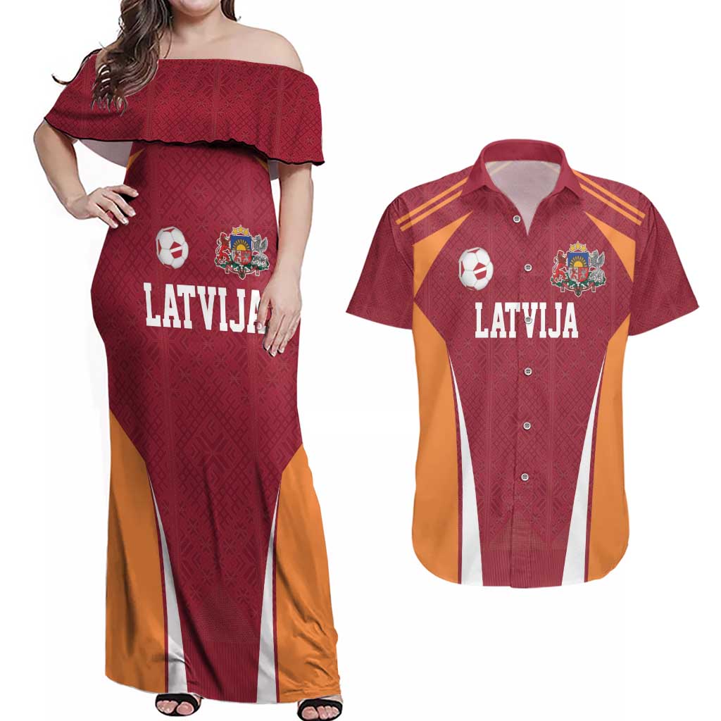 Latvia Football Custom Couples Matching Off Shoulder Maxi Dress and Hawaiian Shirt Red Latvian Pattern