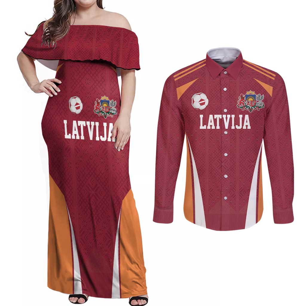 Latvia Football Custom Couples Matching Off Shoulder Maxi Dress and Long Sleeve Button Shirt Red Latvian Pattern