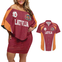 Latvia Football Custom Couples Matching Off Shoulder Short Dress and Hawaiian Shirt Red Latvian Pattern