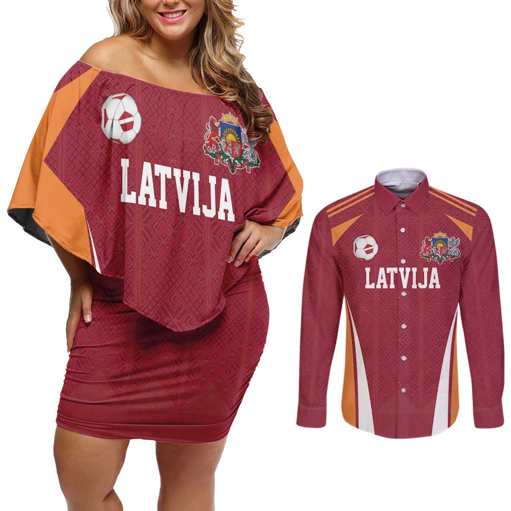 Latvia Football Custom Couples Matching Off Shoulder Short Dress and Long Sleeve Button Shirt Red Latvian Pattern