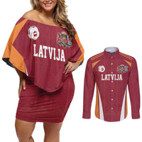 Latvia Football Custom Couples Matching Off Shoulder Short Dress and Long Sleeve Button Shirt Red Latvian Pattern