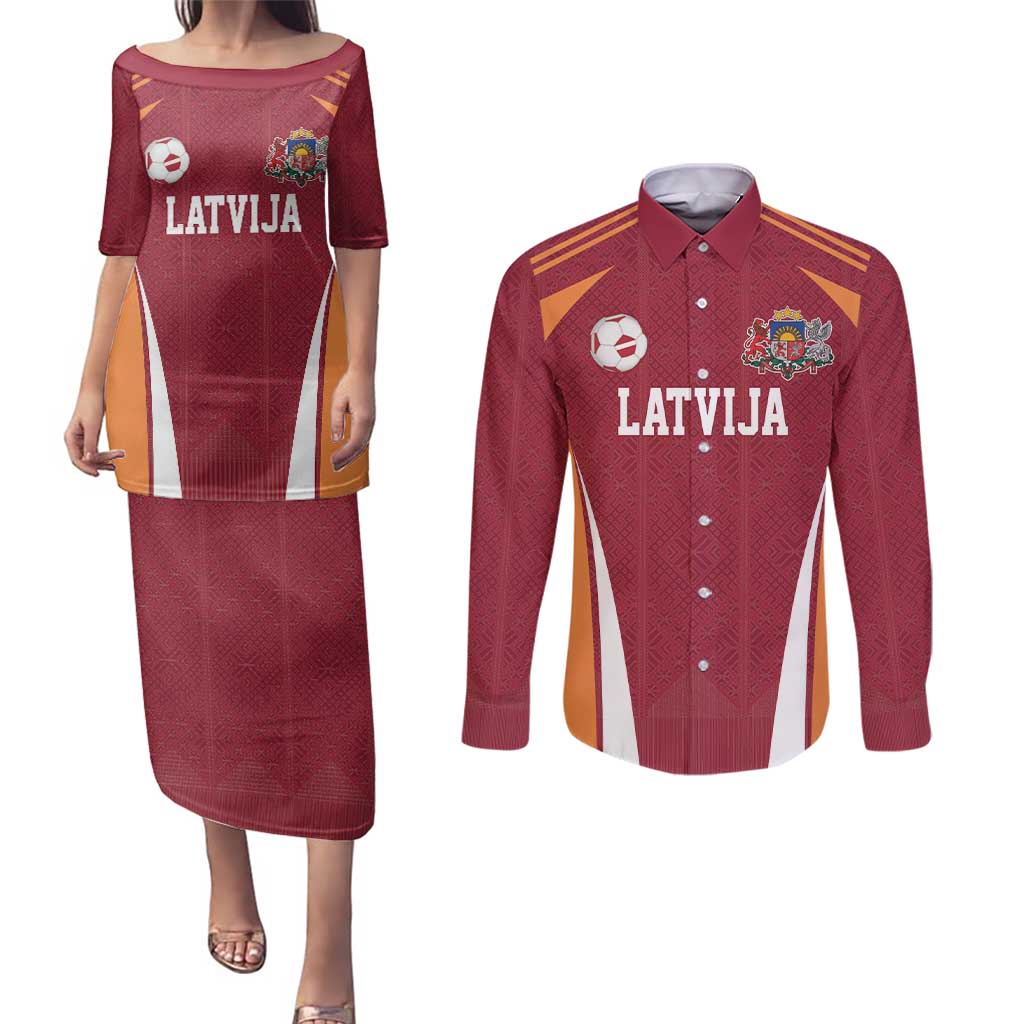 Latvia Football Custom Couples Matching Puletasi and Long Sleeve Button Shirt Red Latvian Pattern