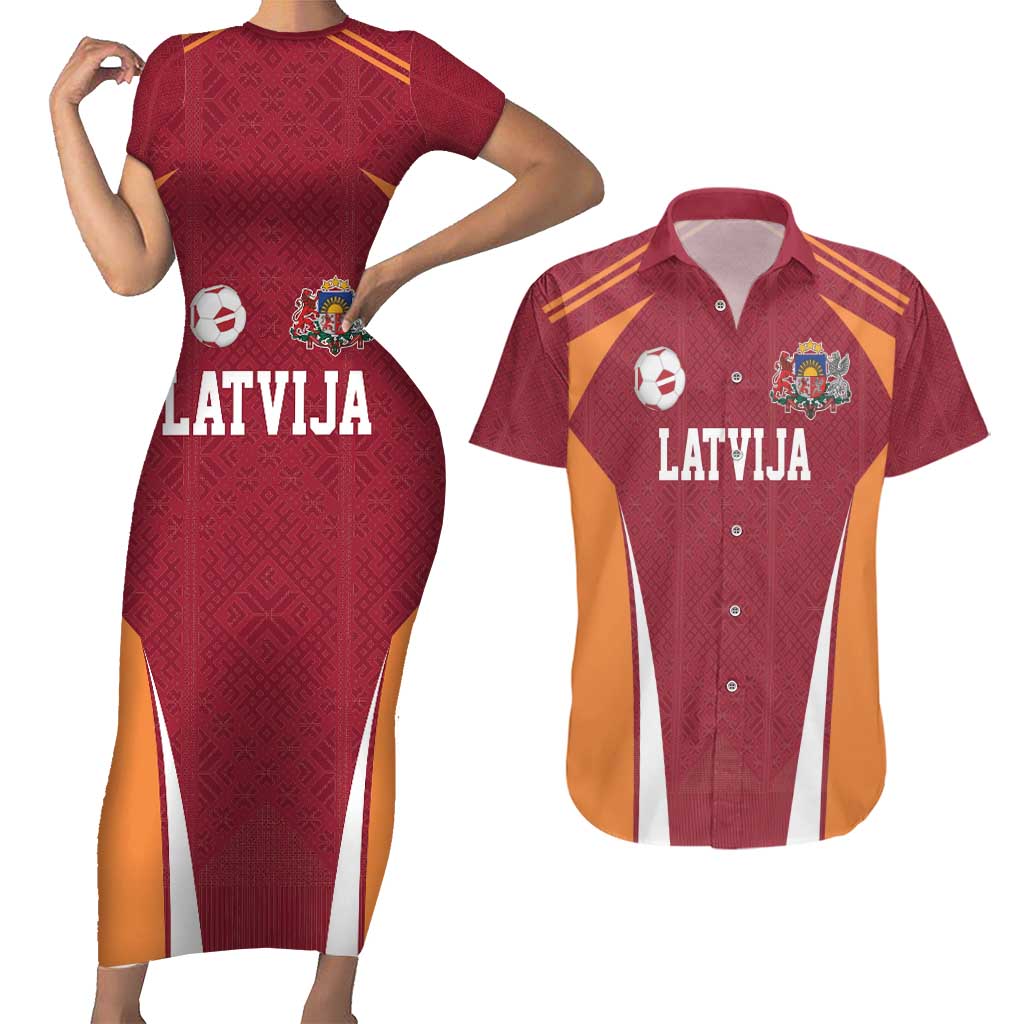 Latvia Football Custom Couples Matching Short Sleeve Bodycon Dress and Hawaiian Shirt Red Latvian Pattern