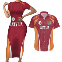 Latvia Football Custom Couples Matching Short Sleeve Bodycon Dress and Hawaiian Shirt Red Latvian Pattern