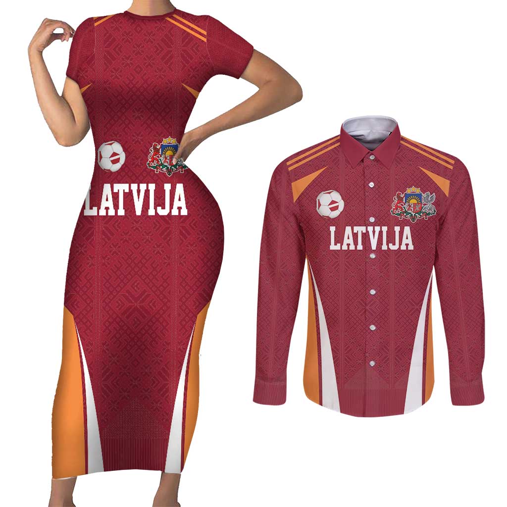 Latvia Football Custom Couples Matching Short Sleeve Bodycon Dress and Long Sleeve Button Shirt Red Latvian Pattern